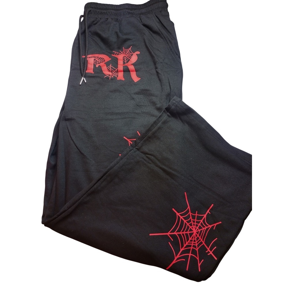 Zaful Mens XXL Black Sweatpants Red Dark Spiderweb Graphic Wide Leg Joggers NWT